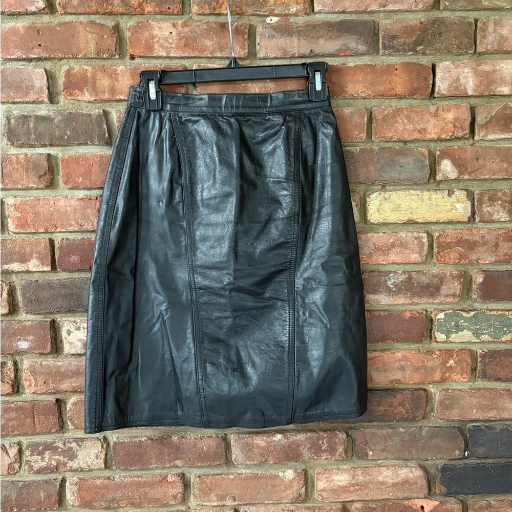VINTAGE - Genuine Leather Black Knee-Length Pencil Skirt — Very Gently Worn.